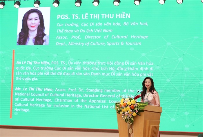 Cục trưởng Cục Di sản Văn hoá Lê Thị Thu Hiền phát biểu tại Diễn đàn