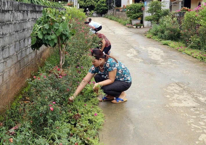 Hội viên, phụ nữ xã Lương Sơn (huyện Bảo Yên) tham gia chỉnh trang con đường hoa
