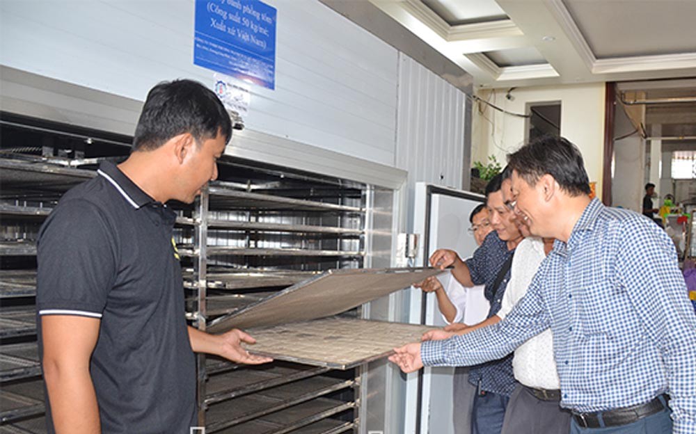 Các đại biểu kiểm tra lò sấy bánh phòng tôm. Ảnh: HOÀNG LAN