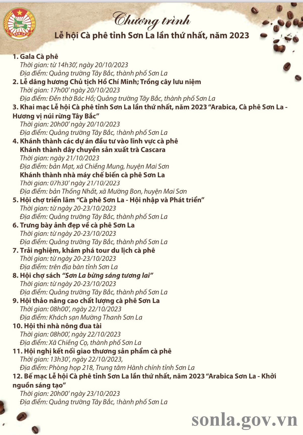 Lễ hội Cà phê Sơn La lần thứ nhất 2023 sẽ được tổ chức từ ngày 20/10 Lễ hội Cà phê Sơn La lần thứ nhất 2023 sẽ được tổ chức từ ngày 20/10