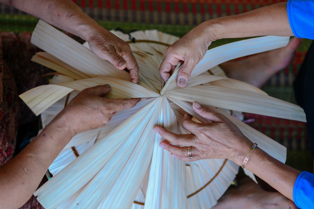 Công đoạn quan trọng của chằm nón là xây lá trên mô. Mỗi chiếc nón có 2 lớp trong, ngoài và 1 lớp xen kẽ, khi thực hiện, người thợ phải làm thật khéo léo và đều tay Công đoạn quan trọng của chằm nón là xây lá trên mô. Mỗi chiếc nón có 2 lớp trong, ngoài và 1 lớp xen kẽ, khi thực hiện, người thợ phải làm thật khéo léo và đều tay