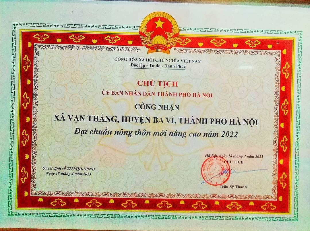 Bằng công nhận xã Vạn Thắng, huyện Ba Vì đạt chuẩn NTM nâng cao năm 2022. Bằng công nhận xã Vạn Thắng, huyện Ba Vì đạt chuẩn NTM nâng cao năm 2022.