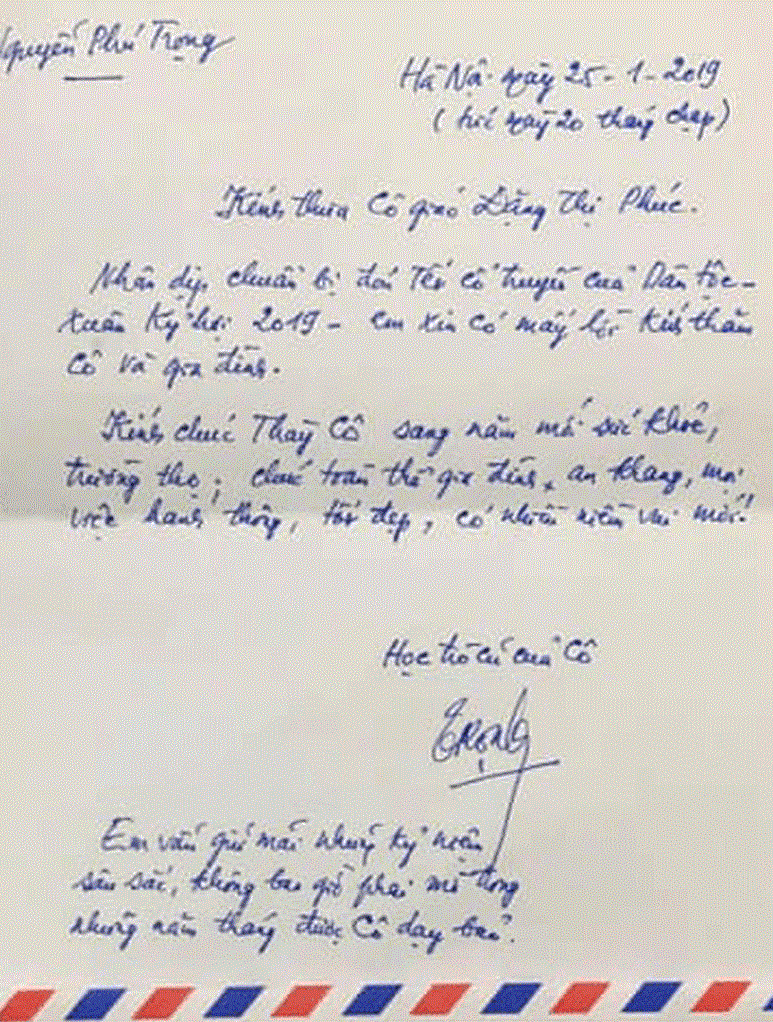 Bức thư tay của học trò Nguyễn Phú Trọng gửi cô giáo cũ trước thềm xuân Kỷ Hợi 2019 Bức thư tay của học trò Nguyễn Phú Trọng gửi cô giáo cũ trước thềm xuân Kỷ Hợi 2019