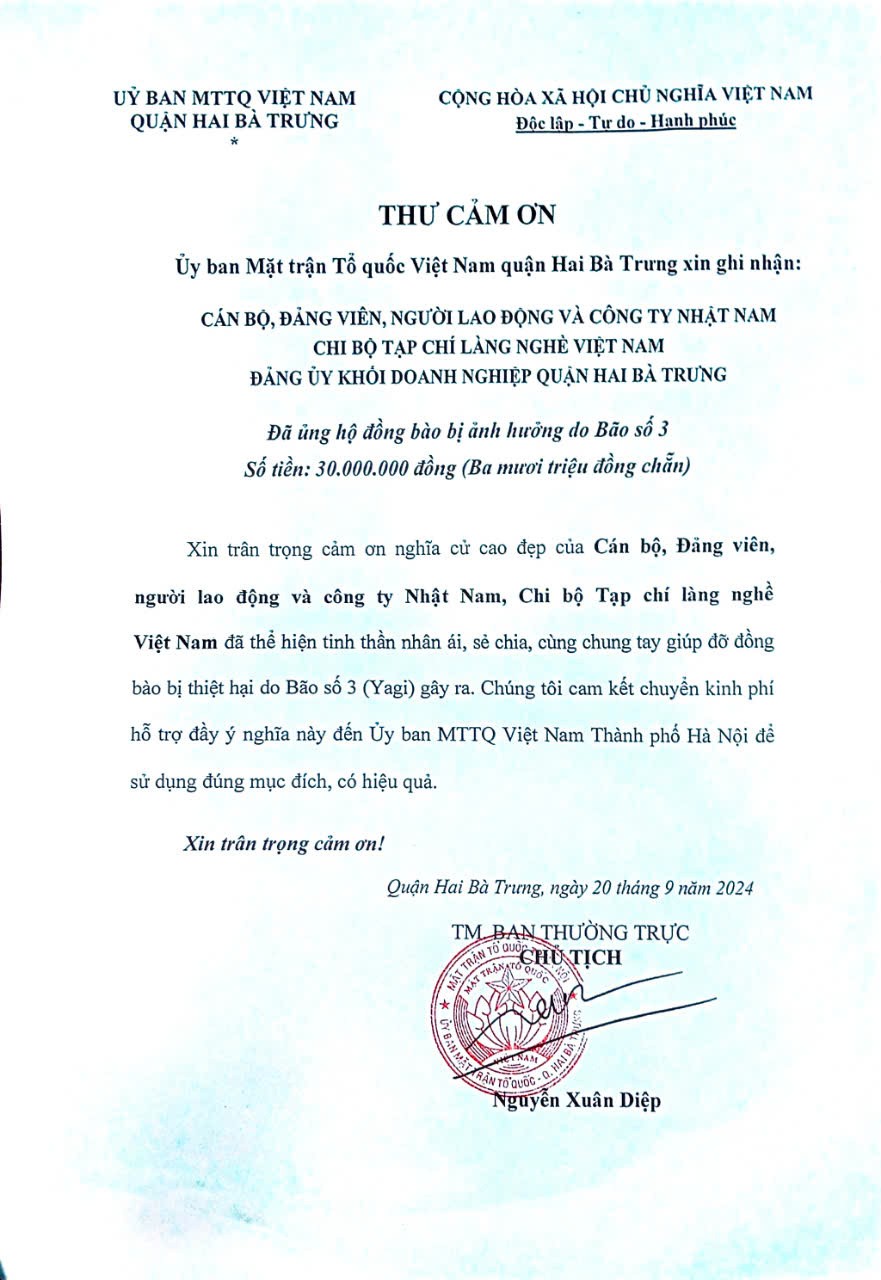 Tạp chí Làng nghề Việt Nam ủng hộ đồng bào bị thiệt hại do bão số 3 Tạp chí Làng nghề Việt Nam ủng hộ đồng bào bị thiệt hại do bão số 3