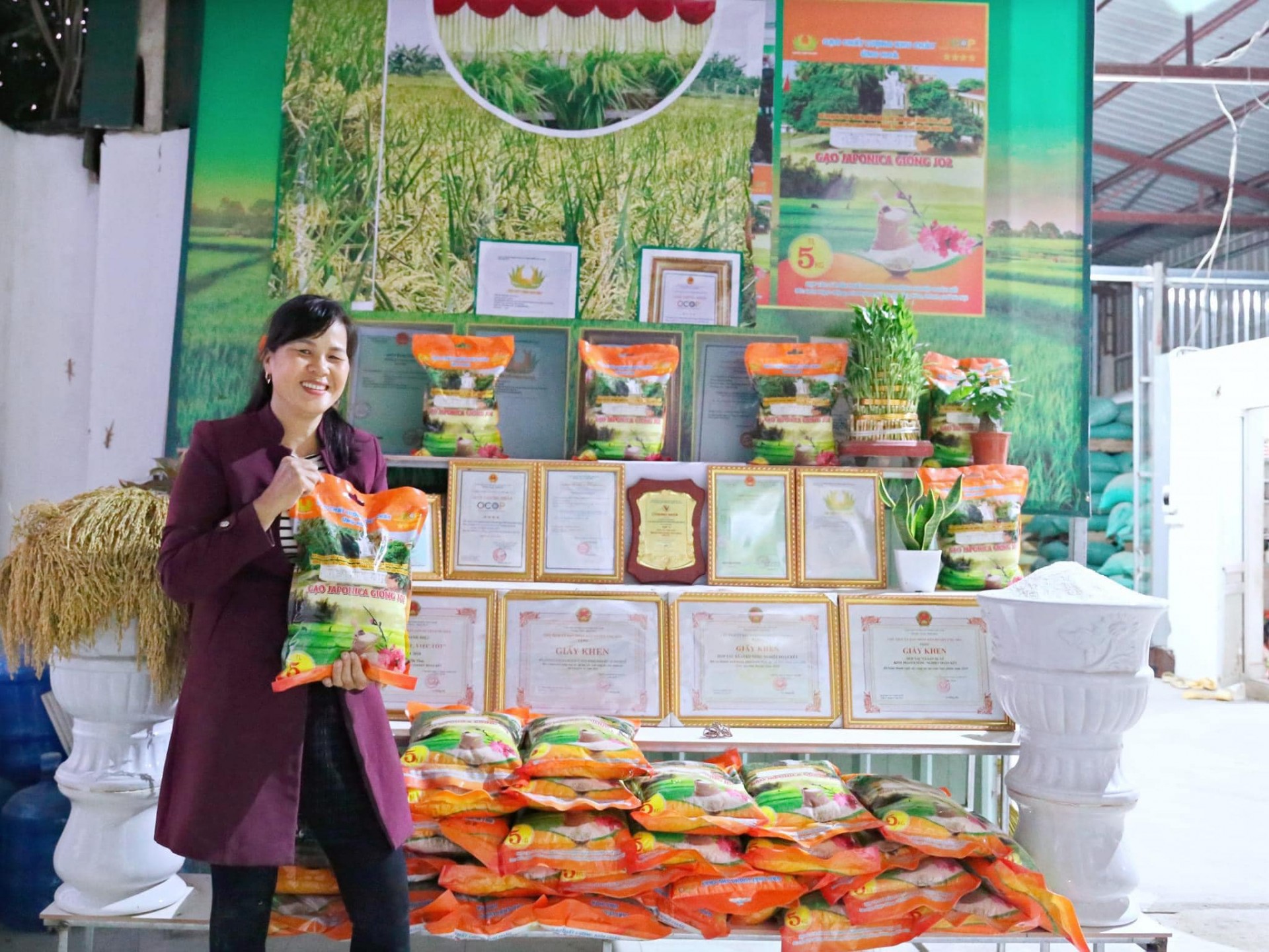 Chị Cao Thị Thủy bên sản phẩm gạo J02. Chị Cao Thị Thủy bên sản phẩm gạo J02.