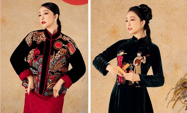 Áo dài thêu tranh Hàng Trống của nhà thiết kế Nguyễn Thơ Thơ. Áo dài thêu tranh Hàng Trống của nhà thiết kế Nguyễn Thơ Thơ.