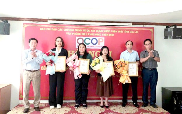 Chị Trần Thị Hoàng Anh ( thứ 3 từ phải qua trái)-Giám đốc HTX Mật ong Phương Di Bee  nhận giấy chứng nhận sản phẩm Mật ong Phương Di đạt OCOP 4 sao. 