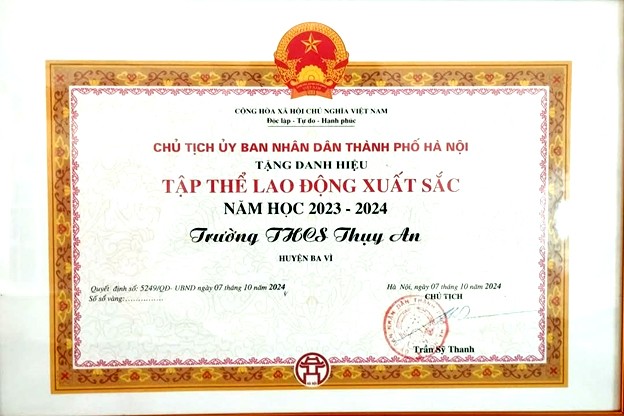 Trường THCS Thụy An được  UBND-TP Hà Nội tặng danh hiệu “ Tập thể lao động xuất sắc” năm học  2023-2024