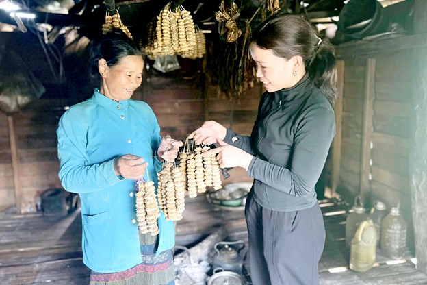 Bà Hồ Thị Tương (trái) chia sẻ cách tạo nên những viên men lá để nấu rượu có hương vị đặc trưng để nấu rượu có hương vị đặc trư