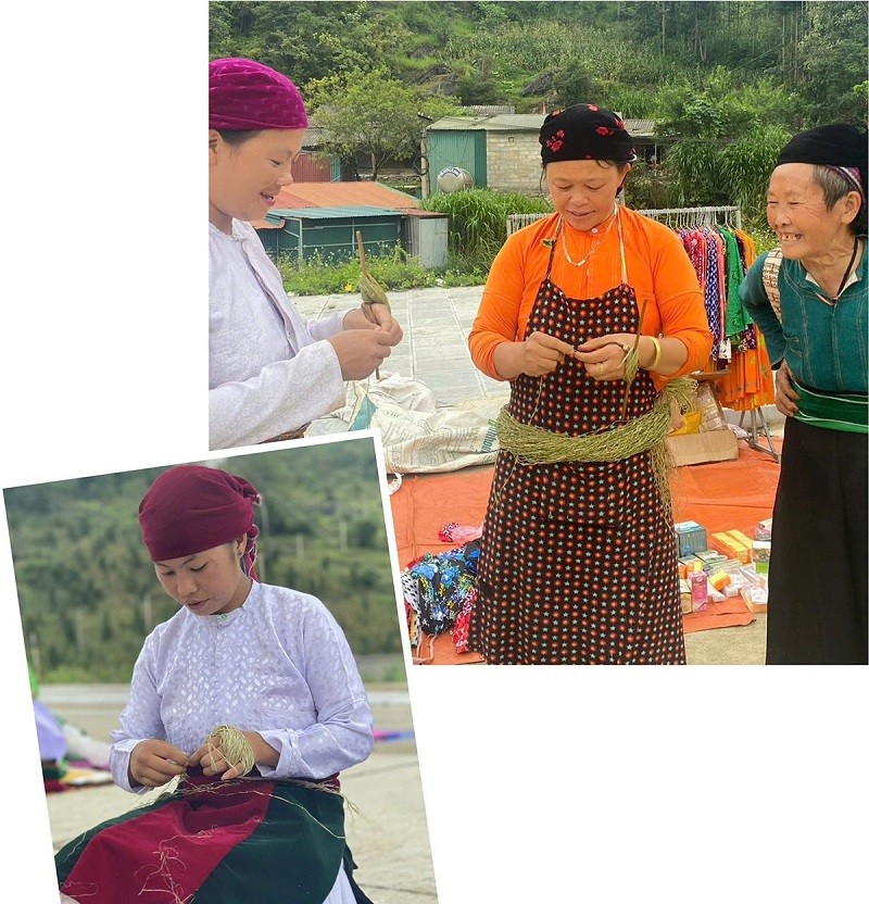 Sau khi sợi lanh được giã mềm sẽ đến công đoạn nối sợi. Đây là công đoạn mất rất nhiều thời gian và làm hoàn toàn bằng tay. Phụ nữ Mông thường cuốn sẵn những bó sợi lanh quanh bụng và tận dụng mọi thời gian rỗi để nối sợi như lúc đi chợ, ngồi nói chuyện, đi đường... Sau khi sợi lanh được giã mềm sẽ đến công đoạn nối sợi. Đây là công đoạn mất rất nhiều thời gian và làm hoàn toàn bằng tay. Phụ nữ Mông thường cuốn sẵn những bó sợi lanh quanh bụng và tận dụng mọi thời gian rỗi để nối sợi như lúc đi chợ, ngồi nói chuyện, đi đường...