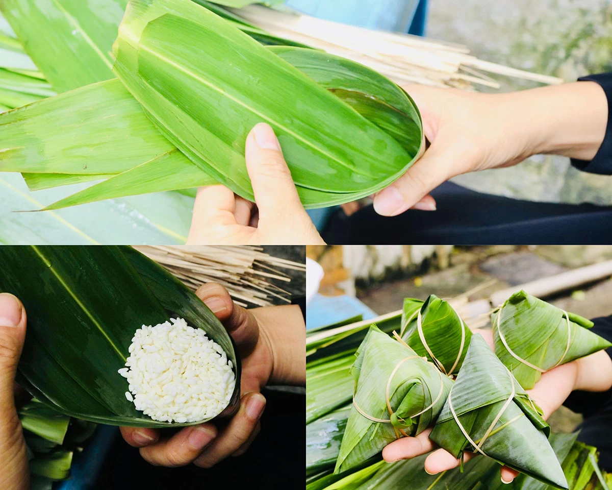 Bánh gio - món ăn truyền thống của người Tày Để gói bánh thường cuốn một đầu lá thành hình phễu, múc một ít gạo nếp đổ vào. Sau đó tiếp tục gấp hết phần còn lại của lá chung quanh khối hình phễu thành một khối tam giác cho thật kín, dùng dây chuối hoặc dây lạt cột lại thành một hình chữ thập cho chắc chắn.