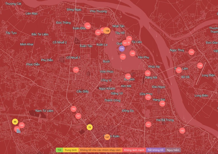Chỉ số ô nhiễm không khí tại Hà Nội lúc 7h15 sáng nay (2.12). Ảnh: IQAir