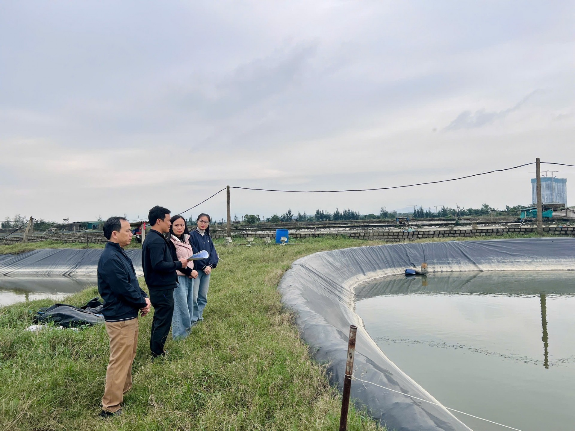 Đoàn Công tác Hội Nông dân tỉnh kiểm tra thực tế mô hình của Tổ hội Nuôi trồng thủy sản thôn Trường An, xã Đan Hải, nắm tình hình sản xuất và hiệu quả sử dụng nguồn hỗ trợ