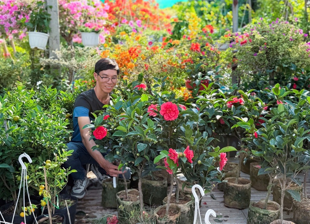 Anh Nguyễn Văn Tuấn chăm sóc hoa kiểng Nhà vườn kỳ vọng doanh thu cây cảnh Tết Bính Ngọ 2026