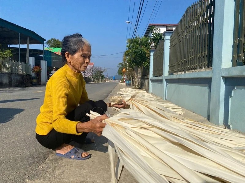 Bà Lê Thị Lý phơi lá nón - công đoạn quen thuộc mở đầu cho hành trình làm  nên chiếc nón lá Trường Giang