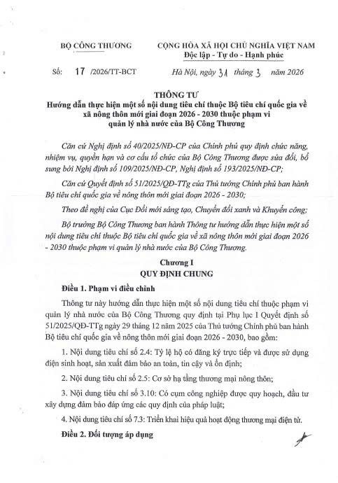 Thông tư hướng dẫn thực hiện tiêu chí nông thôn mới của Bộ Công Thương