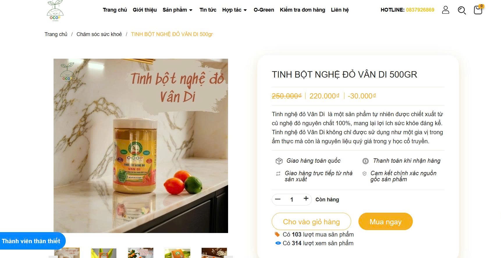 Tinh bột nghệ đỏ Vân Di đang bán trên sàn thương mại điện tử