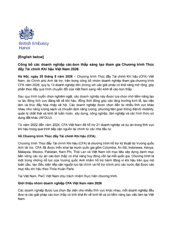 Thông cáo báo chí ngày 25/5 của Đại sứ quán Anh tại Hà Nội (British Embassy in Hanoi) Thông cáo báo chí ngày 25/5 của Đại sứ quán Anh tại Hà Nội (British Embassy in Hanoi)