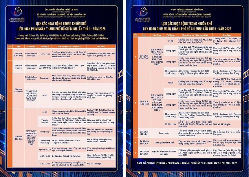 Lịch trình Liên hoan phim ngắn TP. HCM lần thứ hai năm 2026 từ ngày 6 đến ngày 8/6 tại TP. HCM