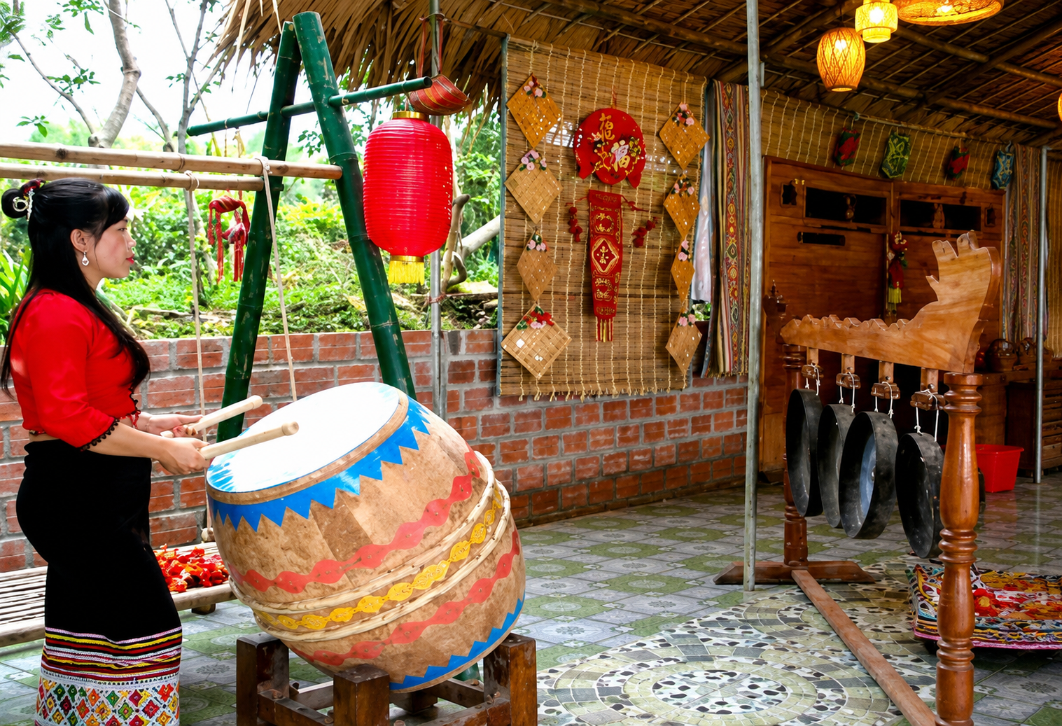 Trống, cồng chiêng là những nhạc cụ tại làng du lịch cộng đồng bản Thái Minh