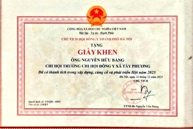 Hội đông y Hà Nội tặng Giấy khen Hội đông y Hà Nội tặng Giấy khen  Lương y Nguyễn Hữu Bằng