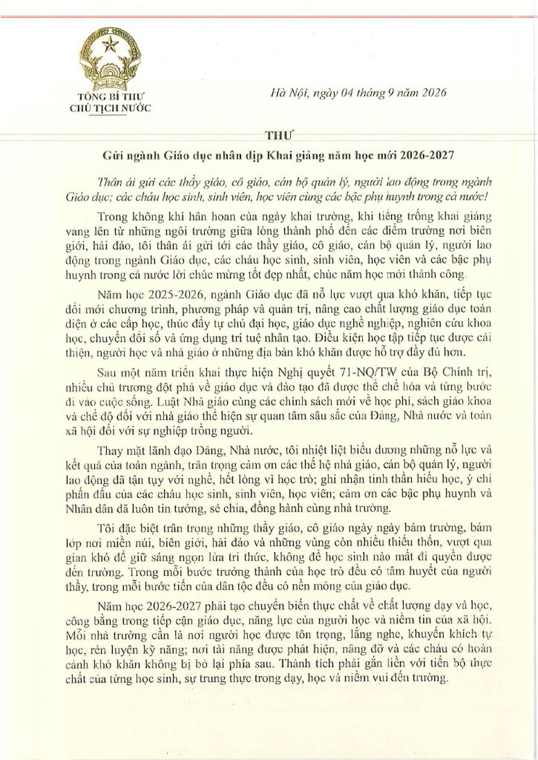Thư của Tổng Bí thư, Chủ tịch nước Tô Lâm gửi ngành giáo dục nhân dịp Khai giảng năm học mới 2026-2027