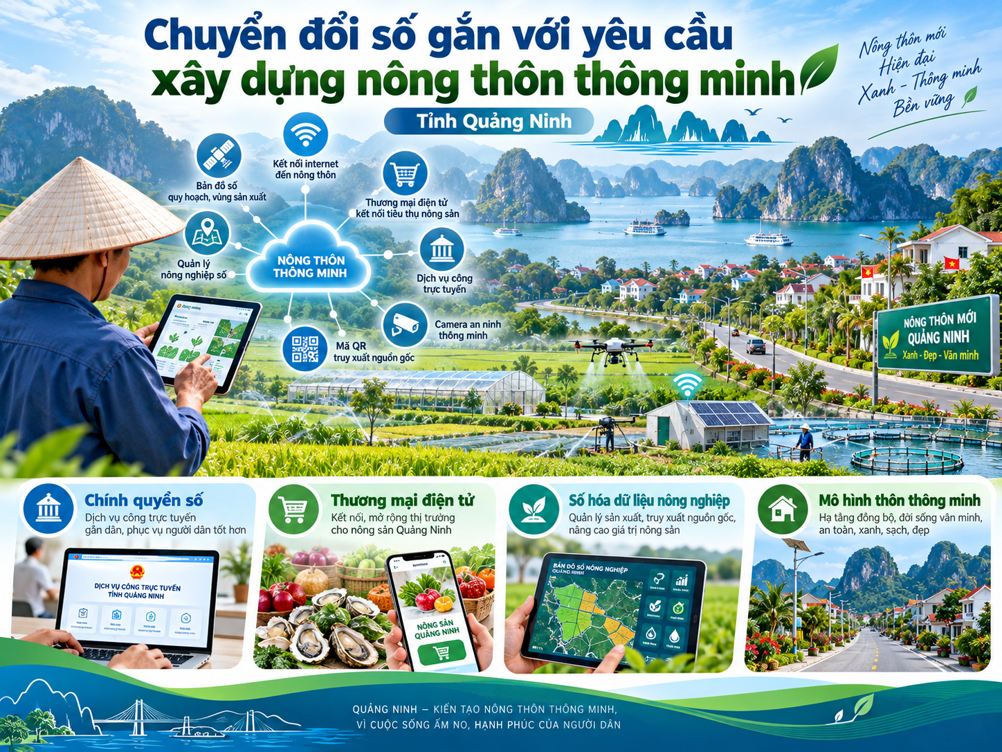 huyển đổi số gắn với xây dựng nông thôn thông minh tại Quảng Ninh, thúc đẩy ứng dụng công nghệ trong sản xuất nông nghiệp, thương mại điện tử và dịch vụ công trực tuyến, hướng tới phát triển nông thôn hiện đại, xanh và bền vững. (Ảnh minh họa: AI)