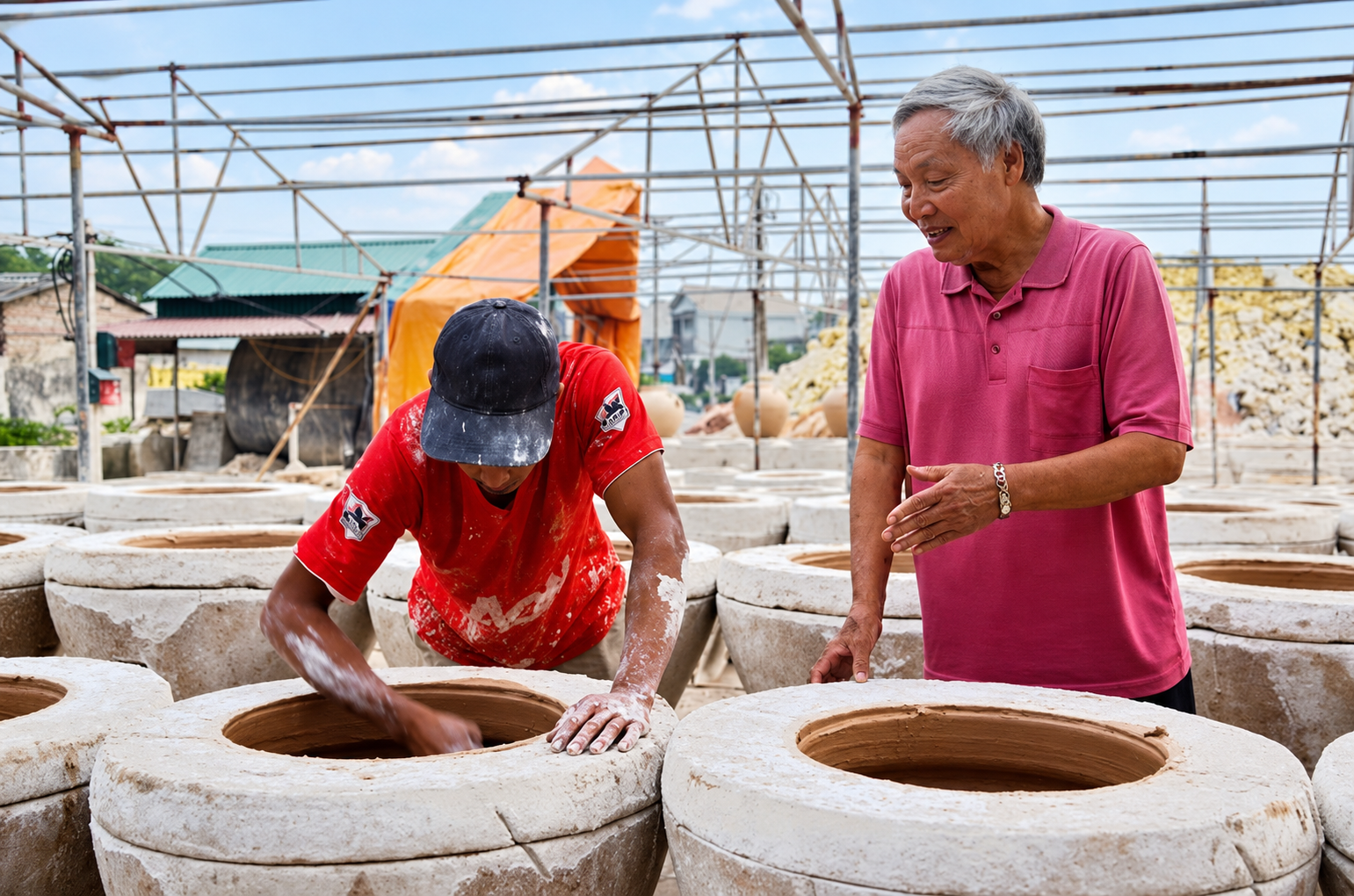 Nghệ nhân Ưu tú Lê Trọng Mỹ (bên phải) hướng dẫn kỹ thuật làm gốm cho người thợ tại cơ sở sản xuất gốm Đông Triều. Nghệ nhân Ưu tú Lê Trọng Mỹ (bên phải) hướng dẫn kỹ thuật làm gốm cho người thợ tại cơ sở sản xuất gốm Đông Triều.