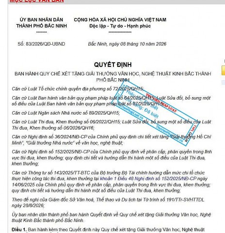 thanh pho bac ninh ban hanh quy che xet tang giai thuong van hoc nghe thuat kinh bac