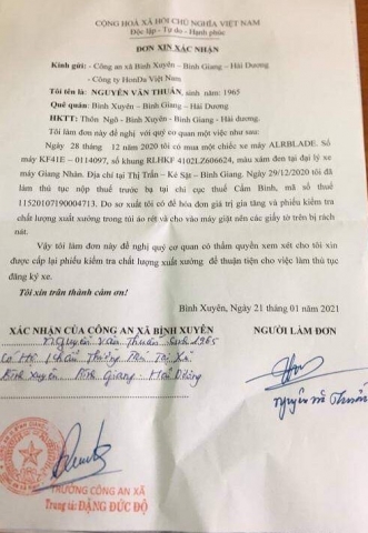 don de nghi cong ty honda viet nam cap lai phieu kiem tra chat luong xuat xuong de lam thu tuc dang ky xe may airblade