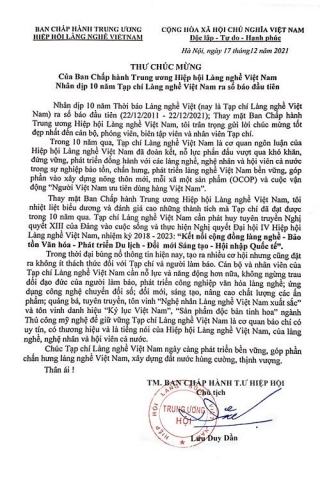 thu chuc mung cua ban chap hanh trung uong hiep hoi lang nghe viet nam nhan dip 10 nam tap chi lang nghe viet nam ra so bao dau tien